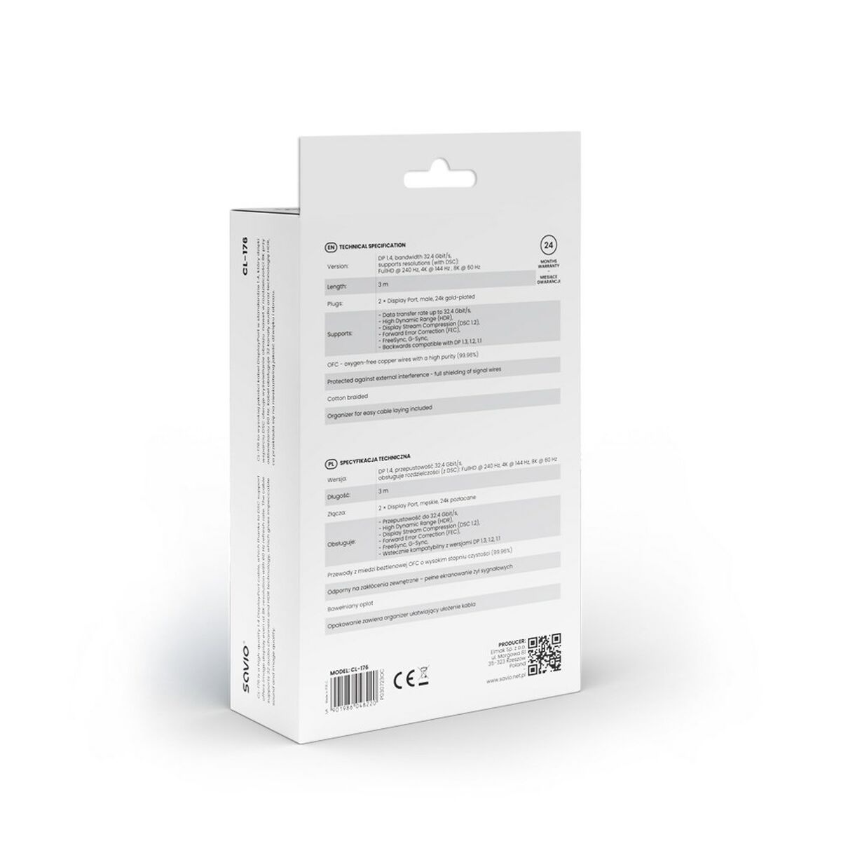 DisplayPort-Kabel Savio CL-176 Svart 3 m